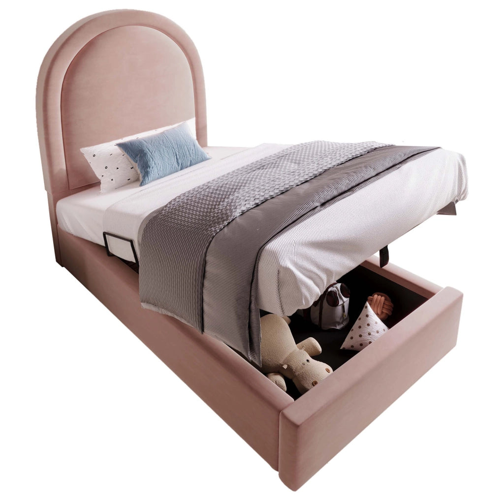 Letto singolo imbottito con contenitore e rete idraulica; 90 x 200 cm; velluto rosa