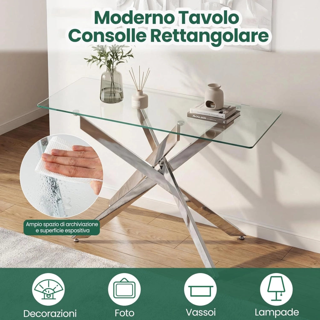 Consolle Ingresso in Vetro Temperato, Tavolo d'Ingresso con Gambe Incrociate in Metallo Placcato e Piedini Regolabili Antiscivolo, Tavolo per Corridoio, Entrata e Salotto (Argento)