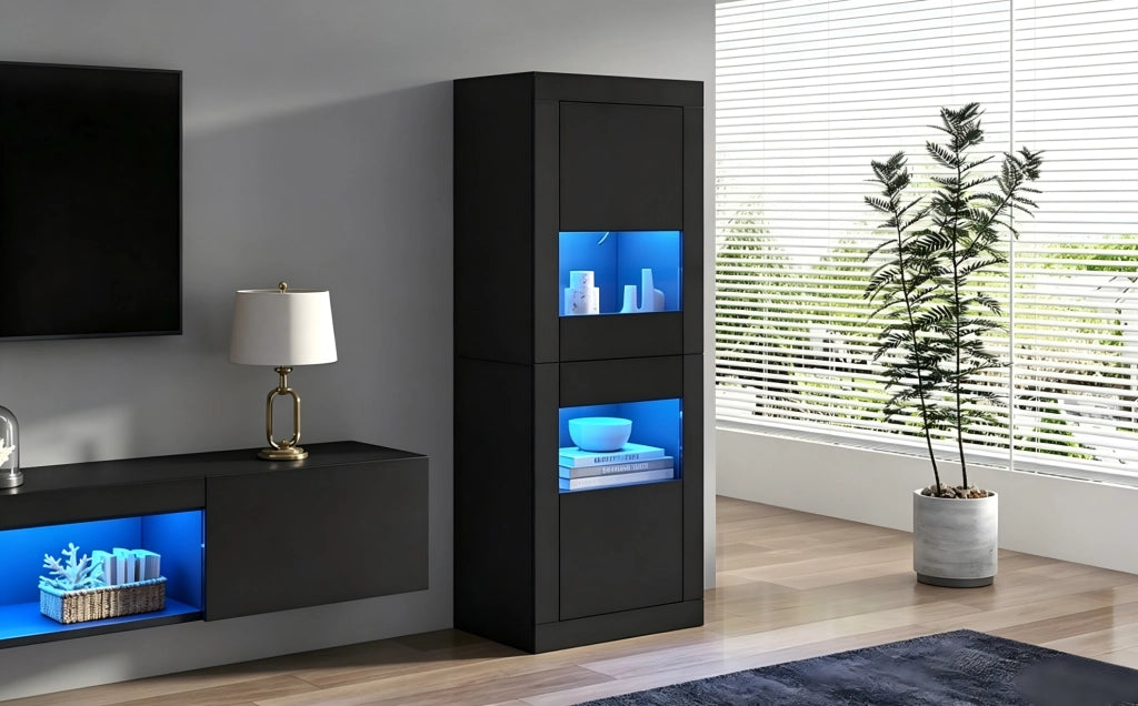 Vetrina nera con illuminazione LED e ripiani in vetro