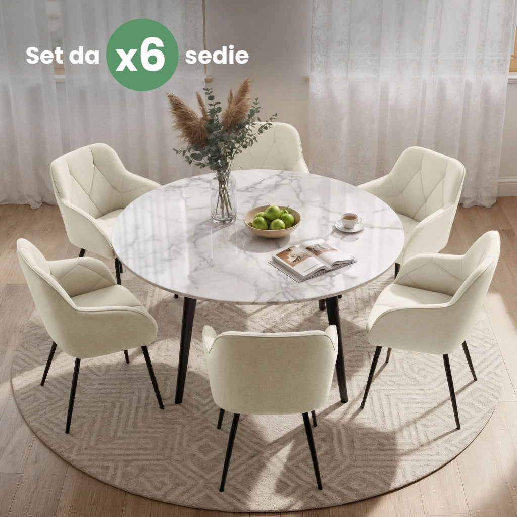 Set di 6 Sedie in velluto trapuntato DIAMANTE Crema gambe nere
