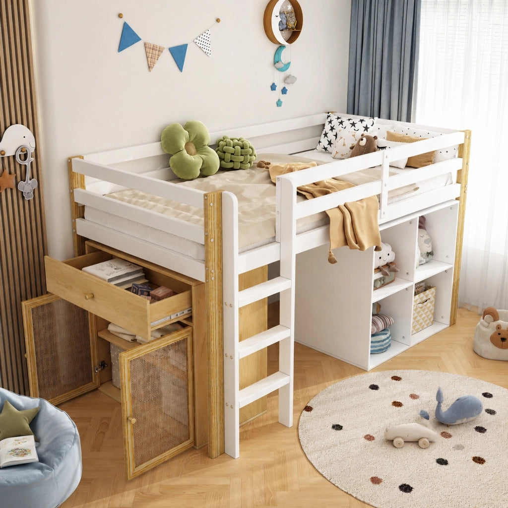 Letto a soppalco per bambini 90x200 cm in legno massello e MDF; naturale e bianco; con 2 contenitori e scala