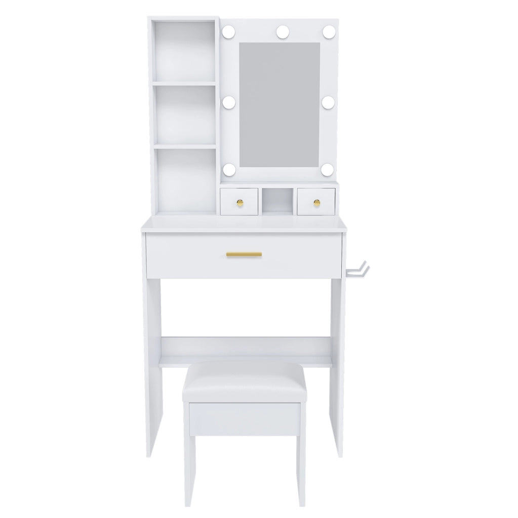 Tavolo da trucco con specchio LED a 3 modalità; presa e supporto asciugacapelli in MDF bianco