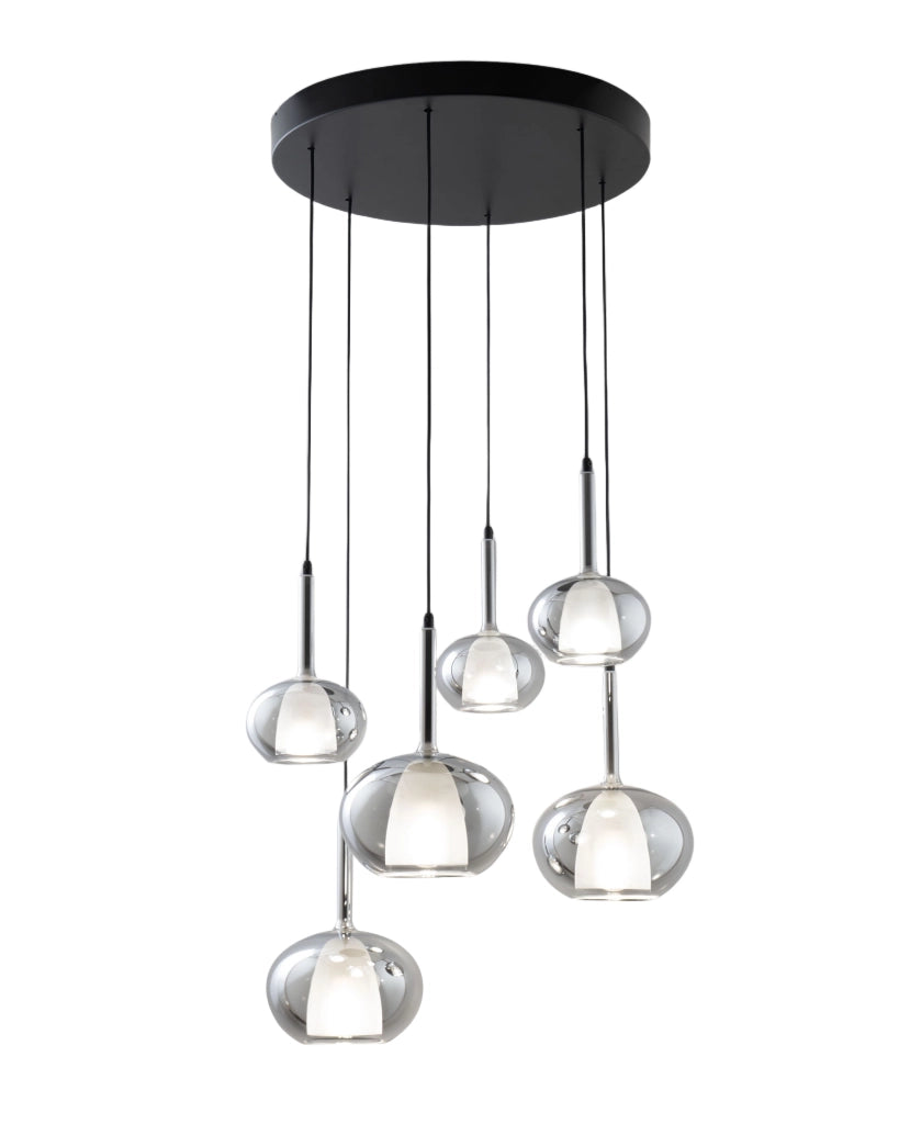 Lampada a Sospensione Edolo Ø530mm in metallo e vetro borosilicato Fumé, attacco E27+E14 6x40W, Classe 1, IP20, Design Moderno - Edolo