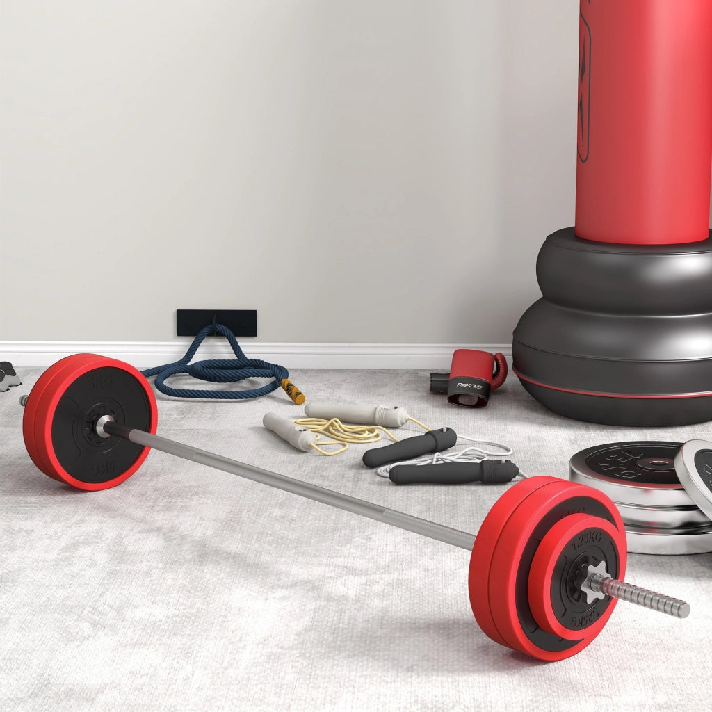 Set Bilanciere con Dischi 30 kg ¨C Xylo ¨C 6 Pesi Metallo PU Sabbia Rosso 170 cm