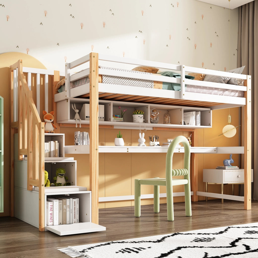 Letto a soppalco singolo con scala contenitore; scrivania e scaffali; 90 x 200 cm; senza materasso