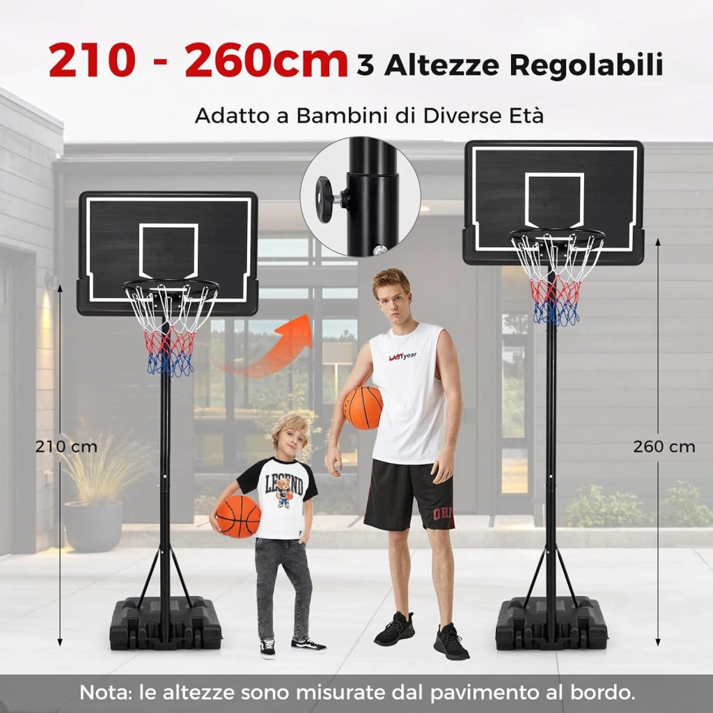 Canestro da Basket Portatile e Regolabile da 2,1 a 2,6 m, Canestro da Basket da Interno e Esterno con Base Riempibile, Tabellone in Policarbonato Antiproiettile e Ruote