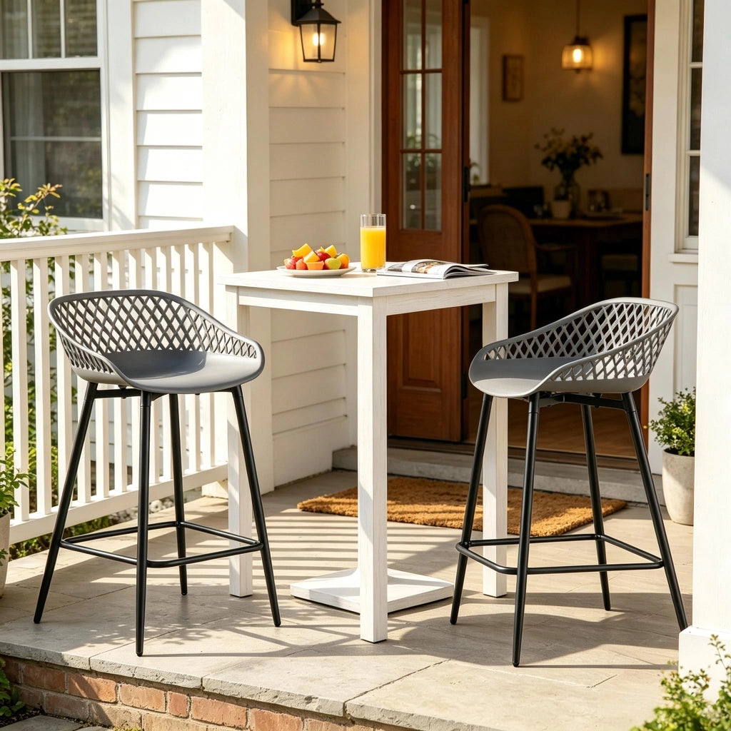 Sgabello da bar set da 2 con schienale traforato e poggiapiedi in pp e metallo grigio per cucina e giardino