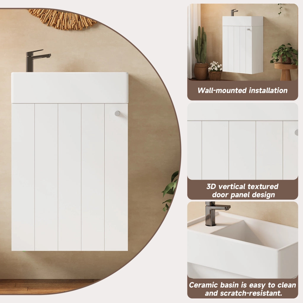 Mobile sottolavabo sospeso da bagno con 1 anta e chiusura soft-close, in MDF e ceramica, bianco, 41 × 23 × 62,5 cm