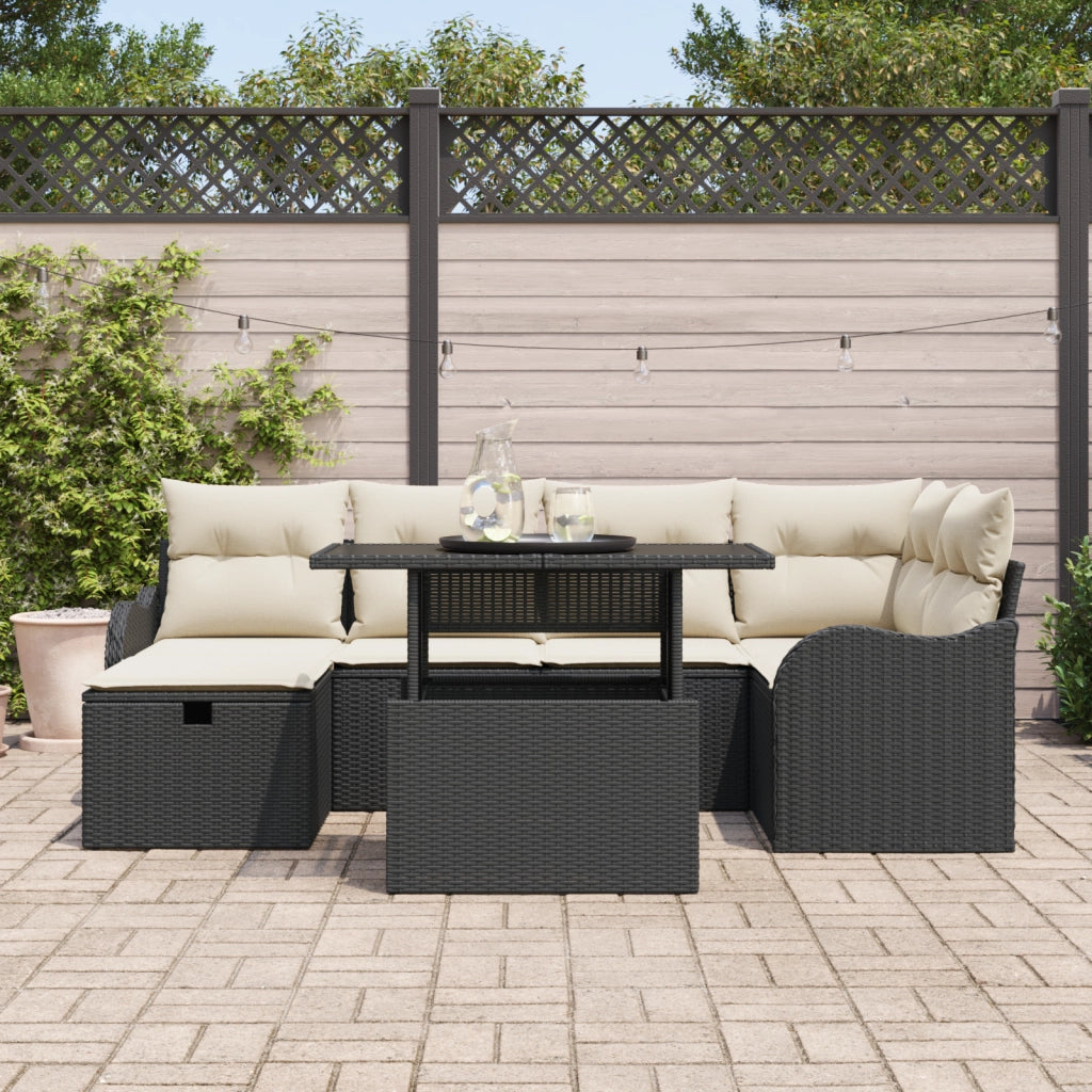 Set divano da giardino 7 pezzi con cuscini Nero Polyrattan
