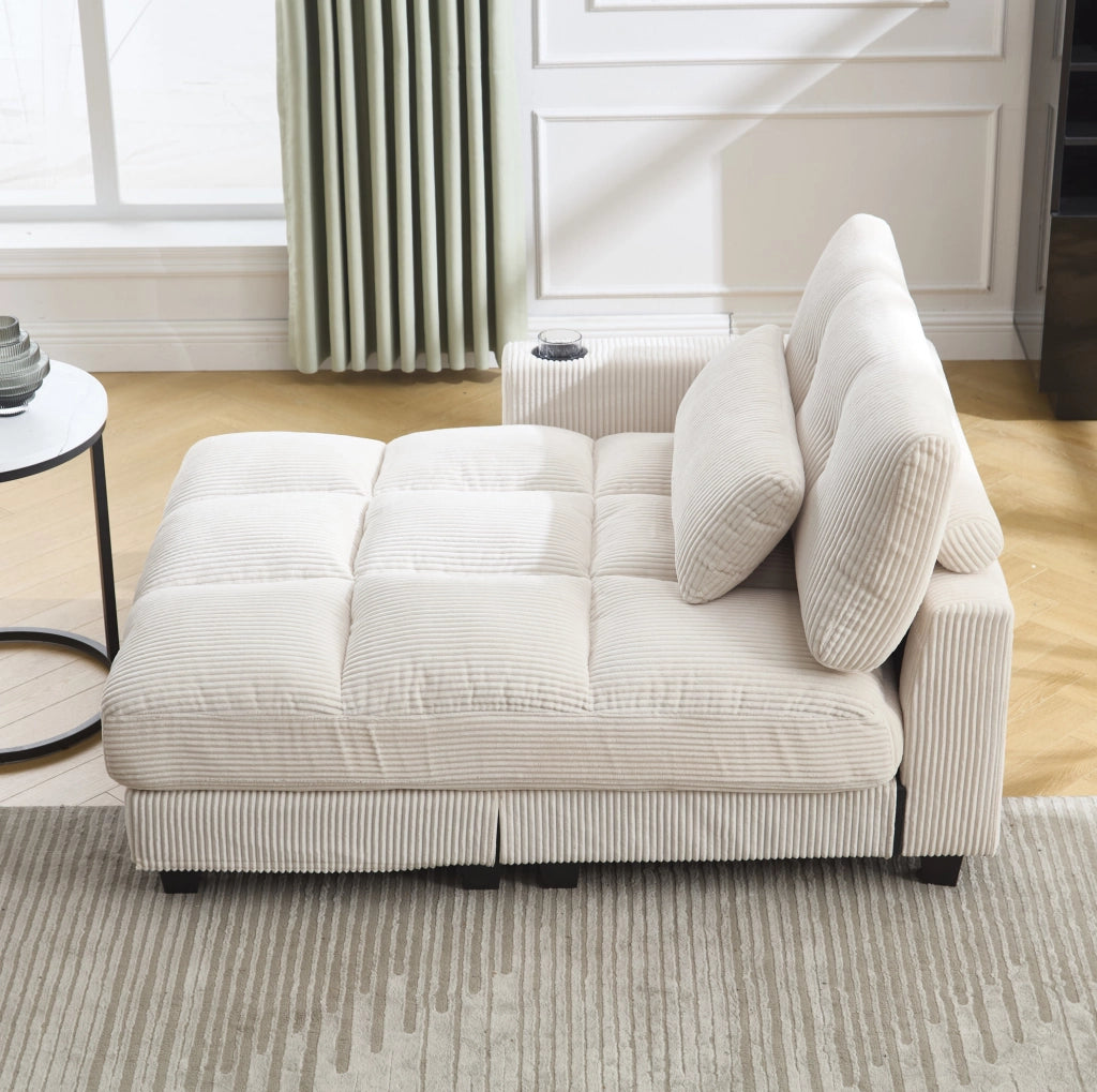 Poltrona relax 140x112x81 cm con portabevande; tasche laterali e ricarica laterale in velluto a coste beige