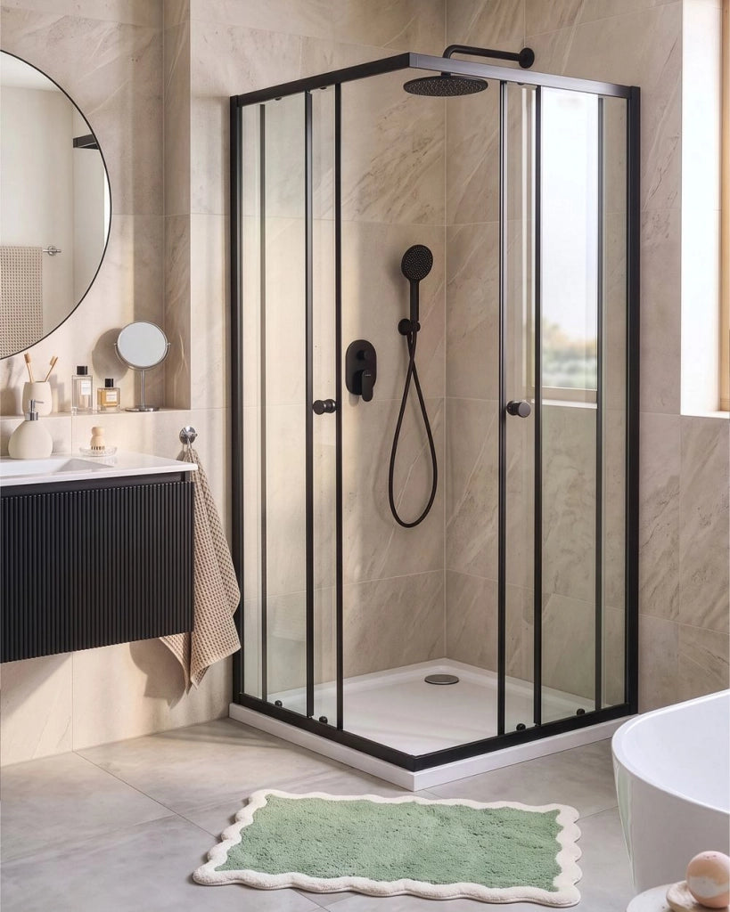 Box doccia in vetro temperato nero con telaio in alluminio, anta singola, 90 x 90 x 190 cm, design moderno