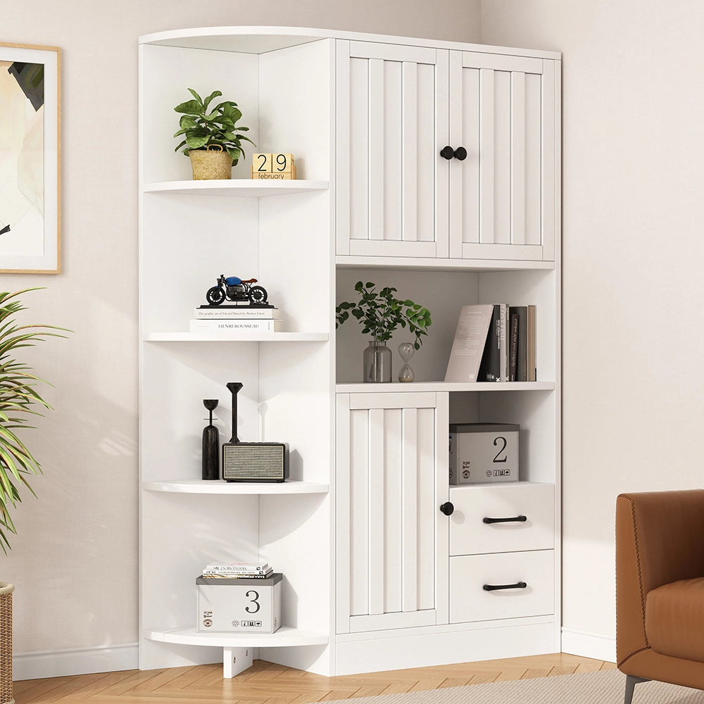 Credenza Angolare Vetrina 104x35x155cm - Xylo - 3 Ante e 2 Cassetti, Bianco