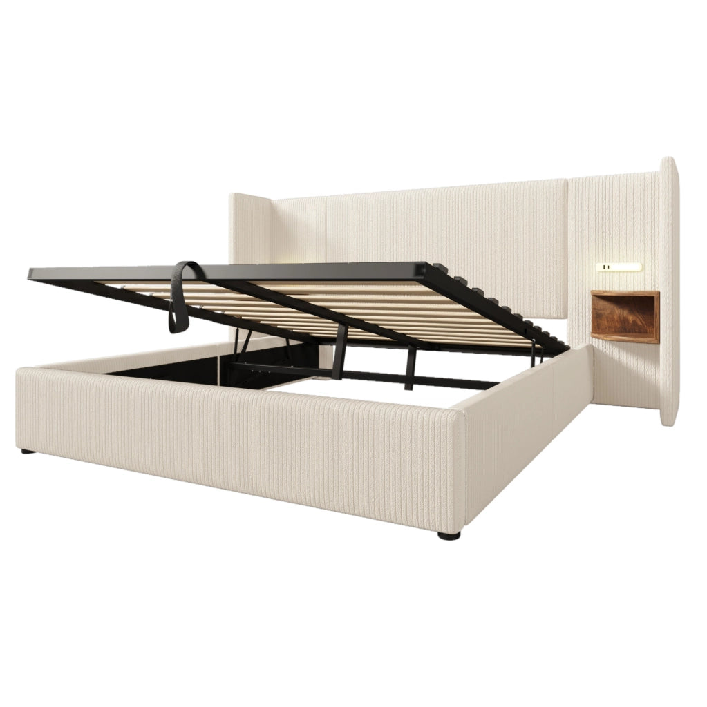 Letto matrimoniale 160x200 cm in tessuto corduroy beige con contenitore; lampada e USB-C