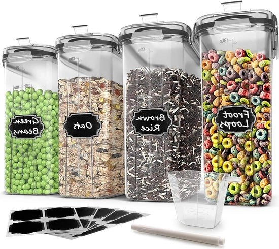 Contenitori a tenuta di aria per cereali e zucchero - set da 4 (4 litri) con coperchi di chiusura in plastica nera