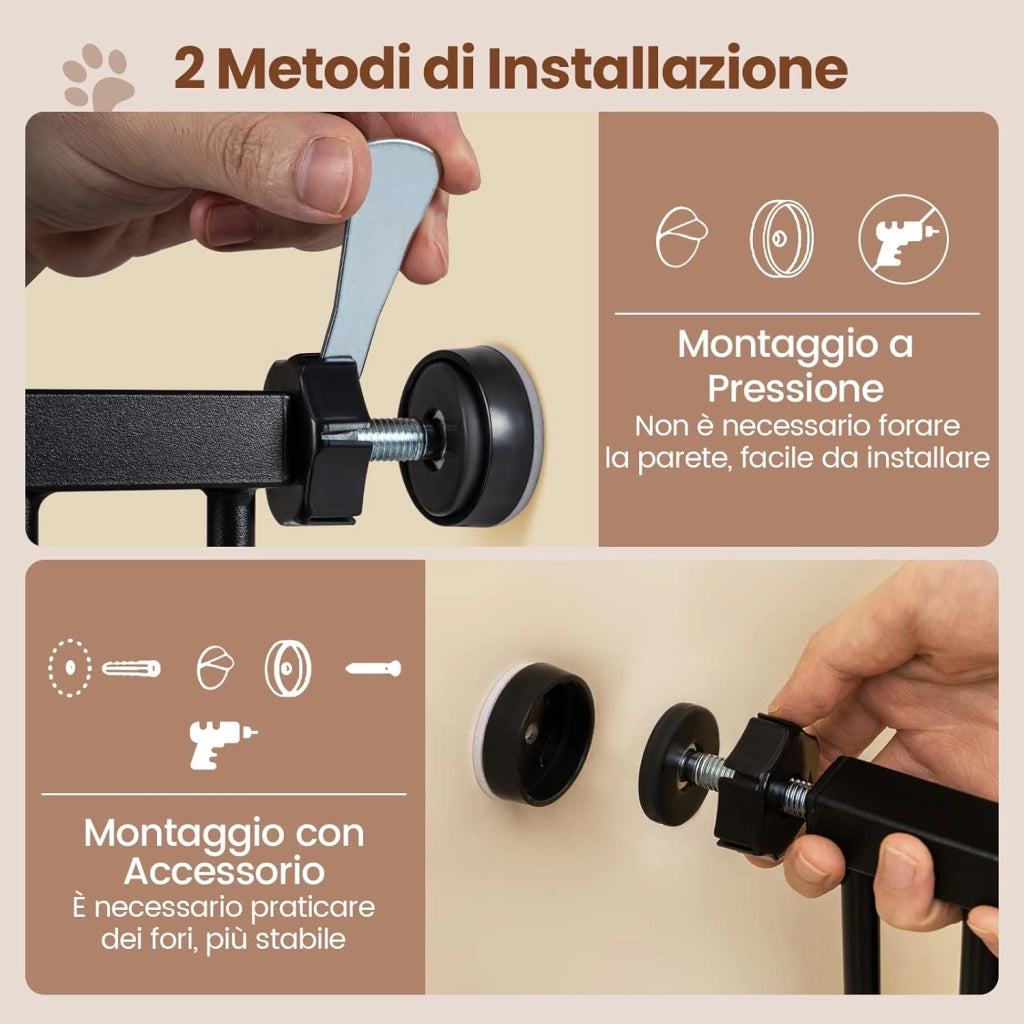 Cancello per Cani per Aperture da 74 a 104 cm, Recinto Espandibile con 2 Prolunghe, Installazione Senza Fori con Supporti, Doppia Chiusura, Cancello Metallico per Scala e Ingresso (Nero)