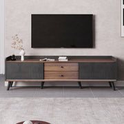 Mobile Porta TV 160 cm Nero e Legno con Ante Scorrevoli a Strisce e 2 Cassetti