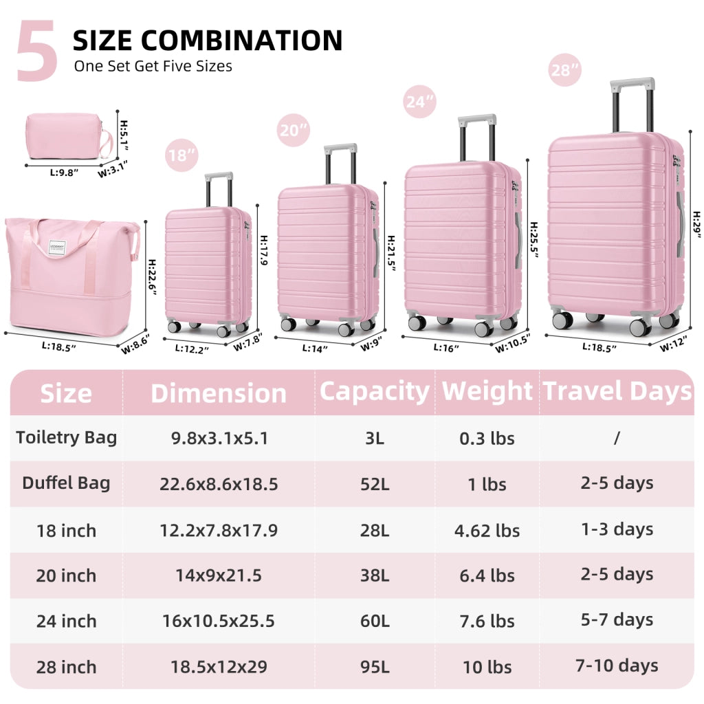 Set di valigie rigide espandibili a 6 pezzi con borsa weekender e beauty case in abs rosa