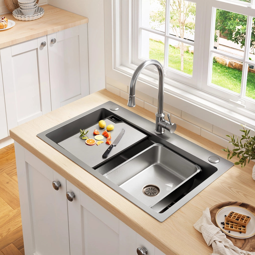 Lavello da cucina da incasso in acciaio inox PVD 75x45 cm con tagliere e doppio filtro