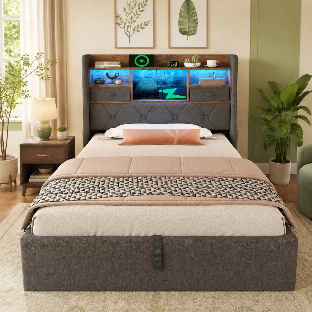 Letto singolo 90x200 cm con contenitore idraulico, LED e prese USB/Type-C, grigio
