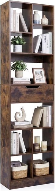 Libreria Verticale con 8 Cubi, 2 Ripiani e 1 Cassetto, Scaffale Libreria con 2 Dispositivi Antiribaltamento, Espositore Multiuso per Libri, Riviste e Dischi in Vinile, 50x24x180 cm