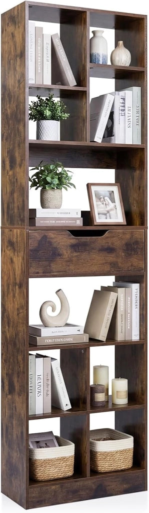 Libreria Verticale con 8 Cubi, 2 Ripiani e 1 Cassetto, Scaffale Libreria con 2 Dispositivi Antiribaltamento, Espositore Multiuso per Libri, Riviste e Dischi in Vinile, 50x24x180 cm