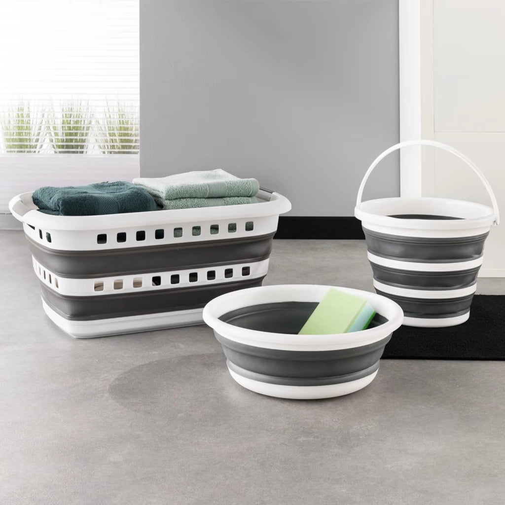 MOHOME Secchio Lavapavimenti Pieghevole 10 Litri Set da 2 Plastica Maniglia Portatile Grigio Bianco Richiudibile Salvaspazio Interno Esterno Lavaggio Auto Campeggio