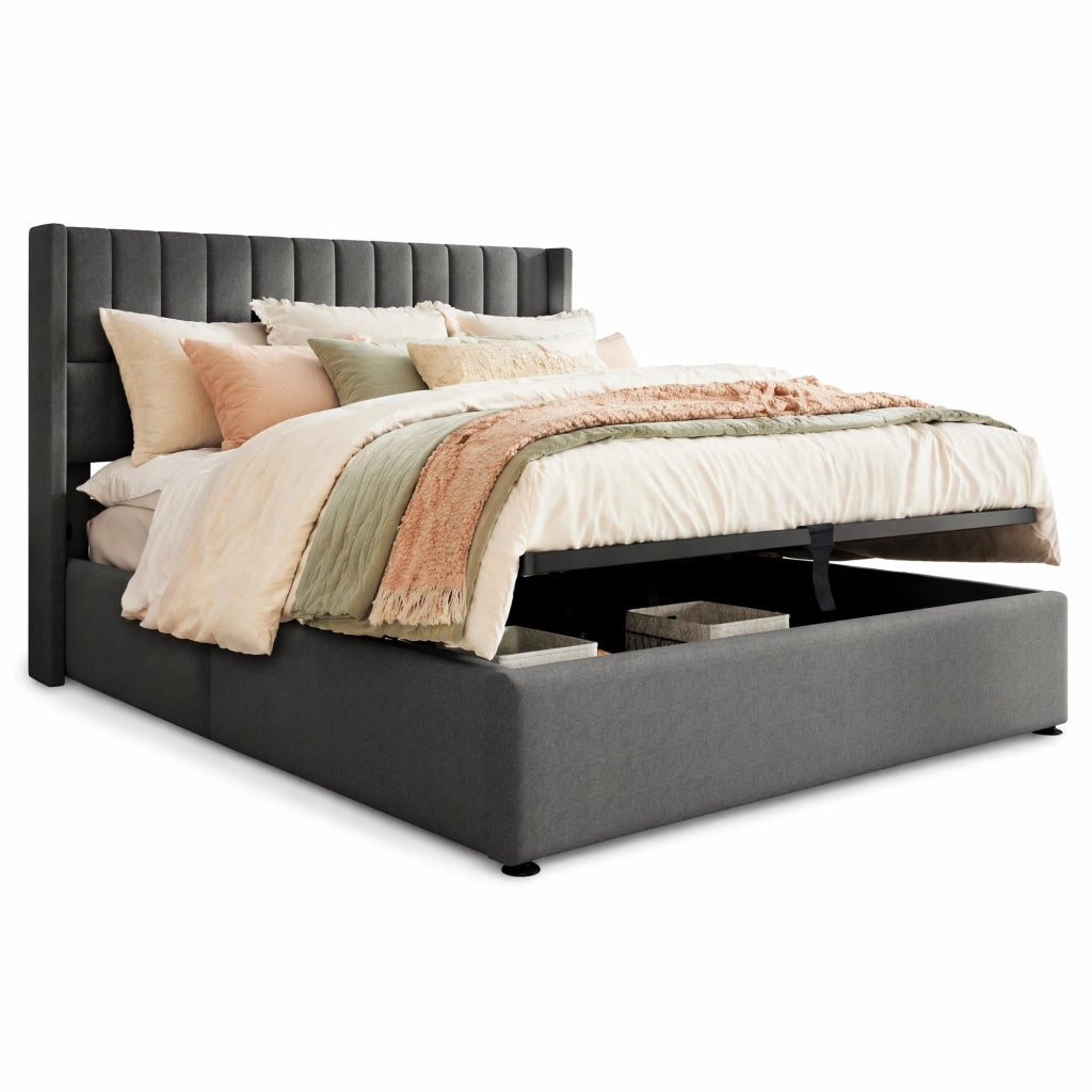 Letto matrimoniale imbottito contenitore con sollevamento idraulico 160x200 cm, grigio/beige