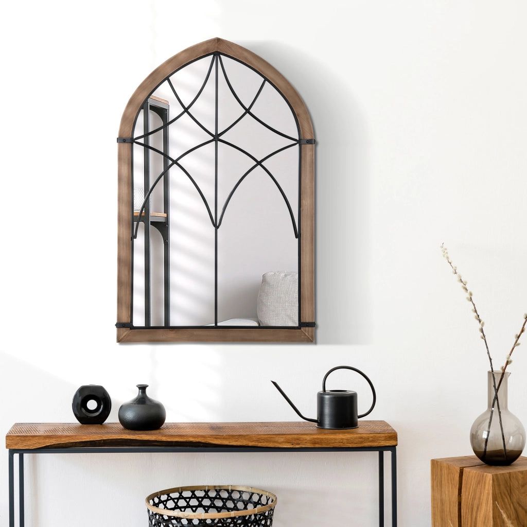 Specchio da Parete ad Arco con Dettagli Moderni e Ganci, in Legno e Vetro, 60x93 cm, Marrone e Nero