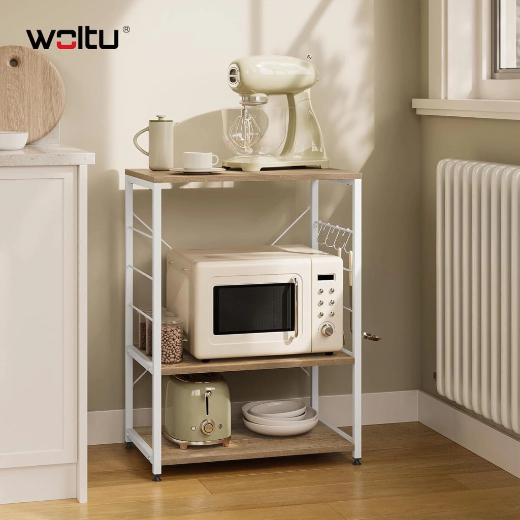 Scaffale per Cucina Carrello per Microonde Forno a 3 Ripiani in Metallo e Legno Scaffalature Fioriera Multiuso, Rovere Chiaro