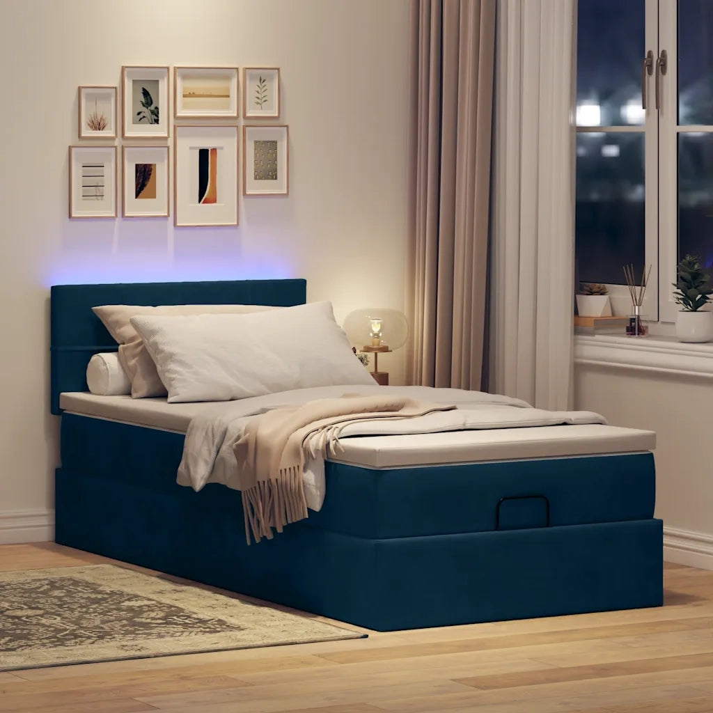 Pouf Letto con Materasso e LED Blu Scuro 80x200cm in Velluto