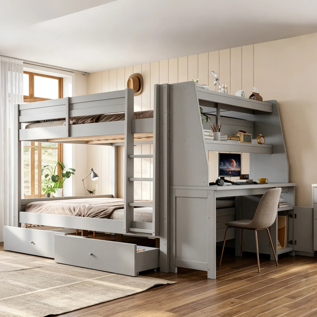 Letto a Castello 140 x 200 cm; 2 Posti con Scrivania; Armadio e 2 Cassetti - Grigio