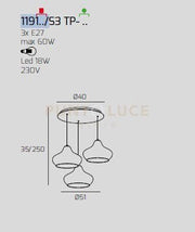 SOSPENSIONE CROMO 3 LUCI TONDA VETRI (1 X PICCOLO AM + 1 X PICCOLO RU + 1 X PICCOLO ZA) 1191CR-S3 TP-MC