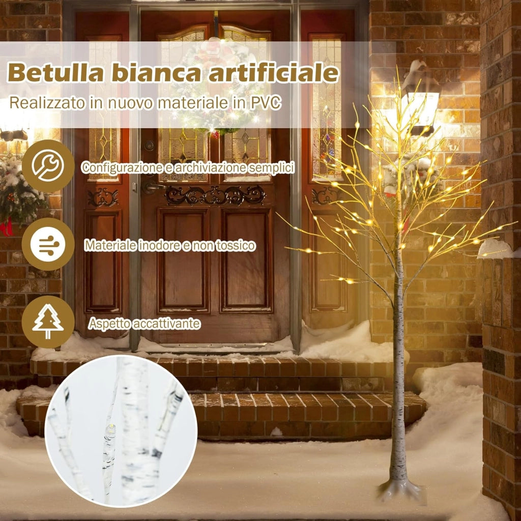 Albero Artificiale Illuminato 120/150/180 cm con Rami di Betulla, Albero di Natale Bianco con Luci LED Calde e Bianche, Decorazione per Interno per Natale Pasqua Matrimonio (150cm)