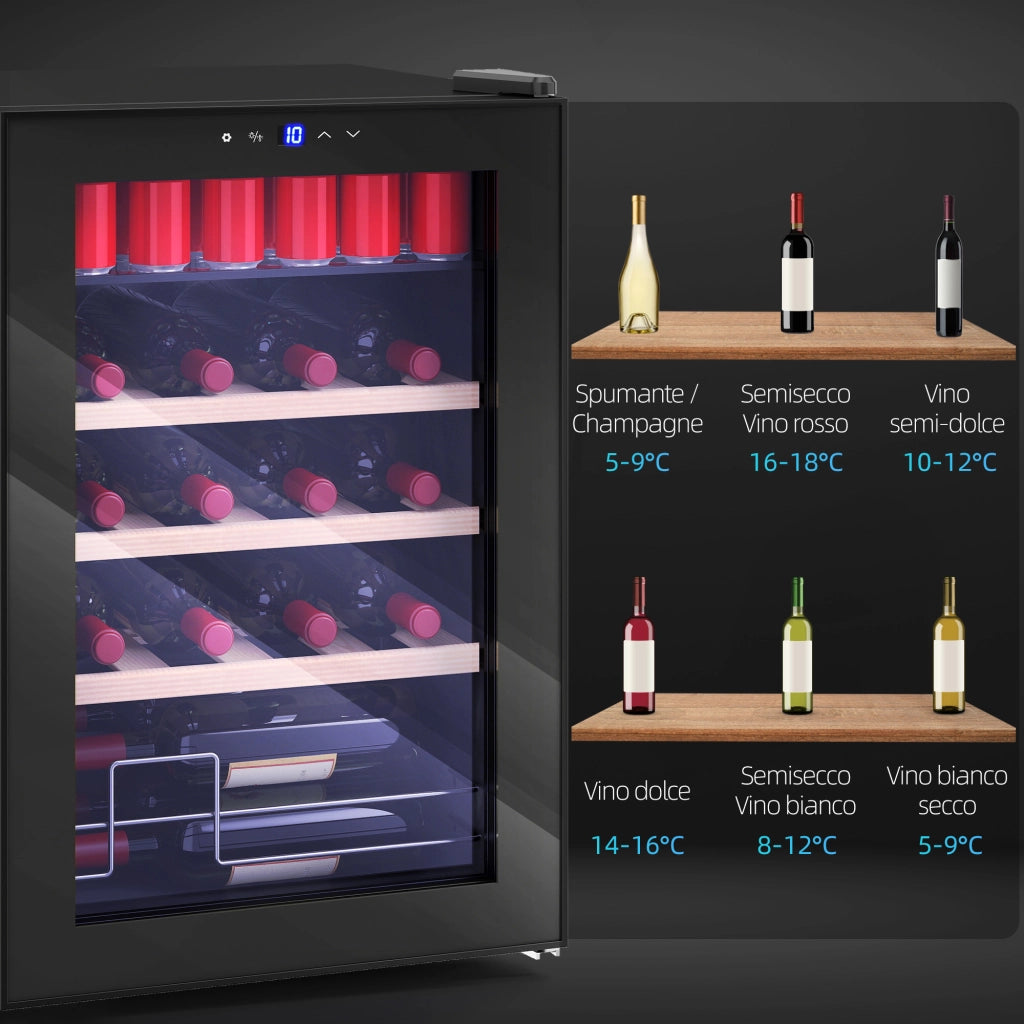 Cantinetta Frigorifero per Vino da 53L con Ripiani Regolabili per 12 Bottiglie e 25 Lattine 43x45x64 cm Nero