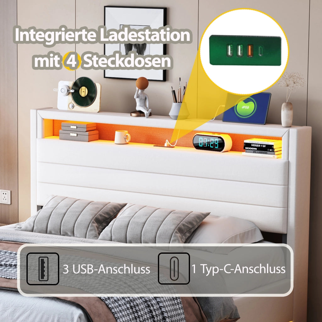 OKWISH Letto contenitore 140×200 cm, Letto Matrimoniale con Vano Contenitore, USB, LED Regolabile e Testiera Girevole, senza Materasso, Beige