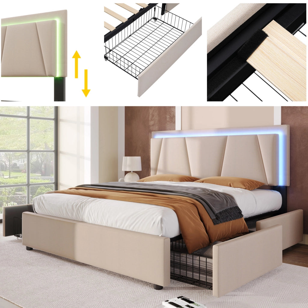 Letto matrimoniale beige 160x200 cm con LED, 4 cassetti e testiera regolabile