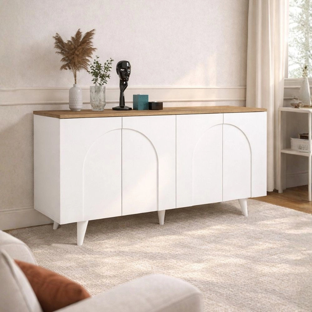 Madia Bono Bianca con 4 Ante ad Arco e Piano Rovere 150 cm
