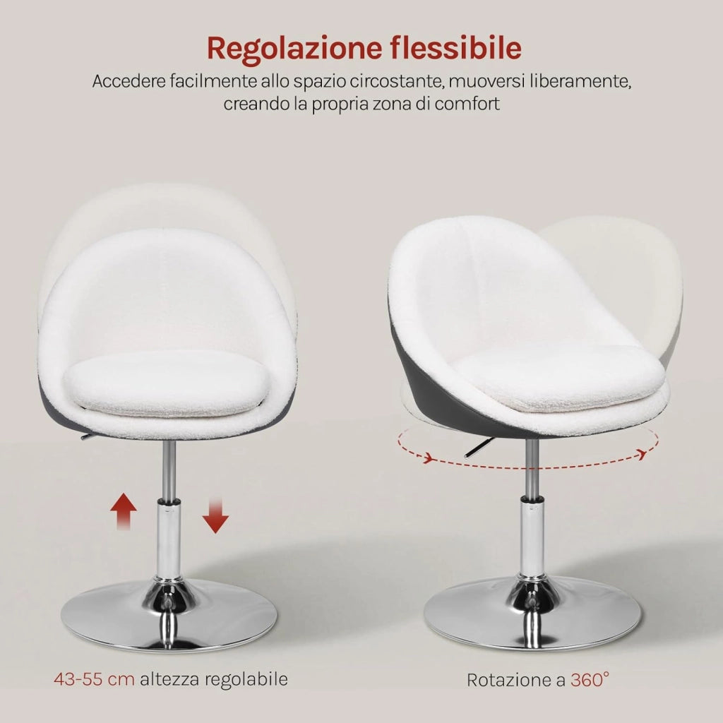 Sgabello per Toeletta Trucco con Schienale, Sedia Moderna Sala da Pranzo Girevole a 360°, Altezza Regolabile, in Tessuto Teddy e PU, per Camera da Letto, Ufficio Domestico, Bianco+Grigio