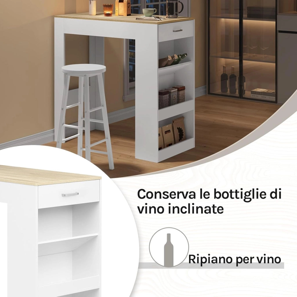 Tavolo da Bar, Bancone da Bar con 1 Cassetto e 3 Ripiani, Tavolo Penisola per Cucina, Pub, Bistrot, Legno Ingegnerizzato (Con assi di legno, Bianco+Rovere Chiaro, 100 x 50 x100 cm)