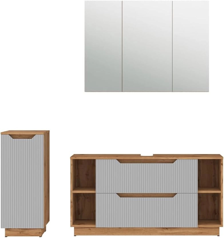 Set di mobili da bagno Lotta, Grigio, 119.2 cm, composto da mobile sottolavabo, specchiera e mobile medio