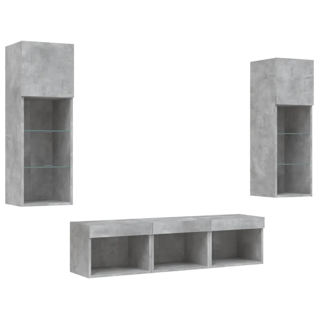 Mobili TV a Muro con LED 5pz Grigio Cemento Legno Multistrato