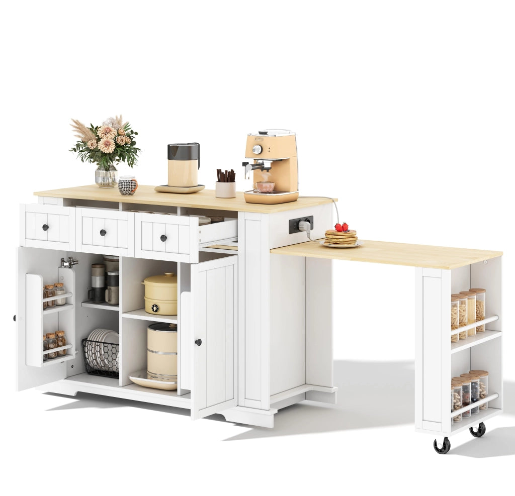 Isola da Cucina Mobile 138/213x55x93 cm con Tavolo Estensibile; 7 Ruote; 2 Prese; 2 USB e Cassetti