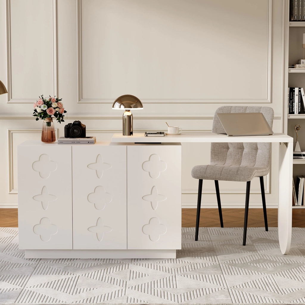 Scrivania modulare con tavolo girevole a 360 gradi, 3 armadietti, per ufficio e studio, in MDF, bianco