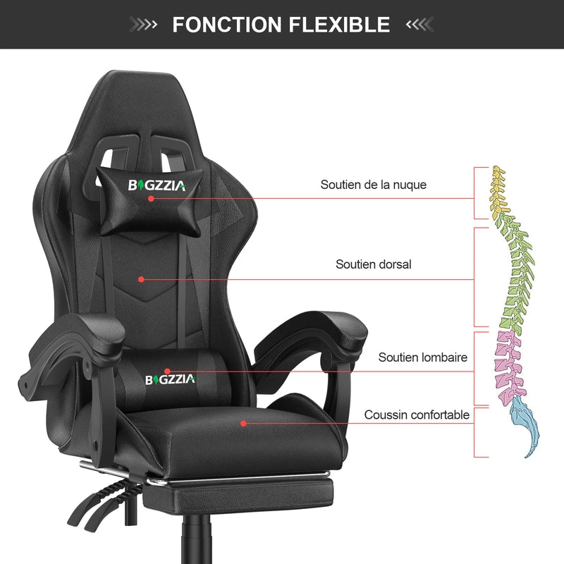 Sedia da gioco, sedia da gioco ergonomica  in similpelle, altezza regolabile, con poggiatesta e supporto lombare, poggiapiedi, nera