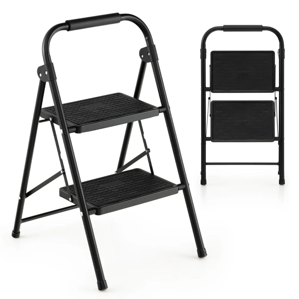 Scaletta pieghevole a 2 gradini 47 x 39 x 71 cm con maniglia imbottita e superficie antiscivolo in metallo nero 20_0019594