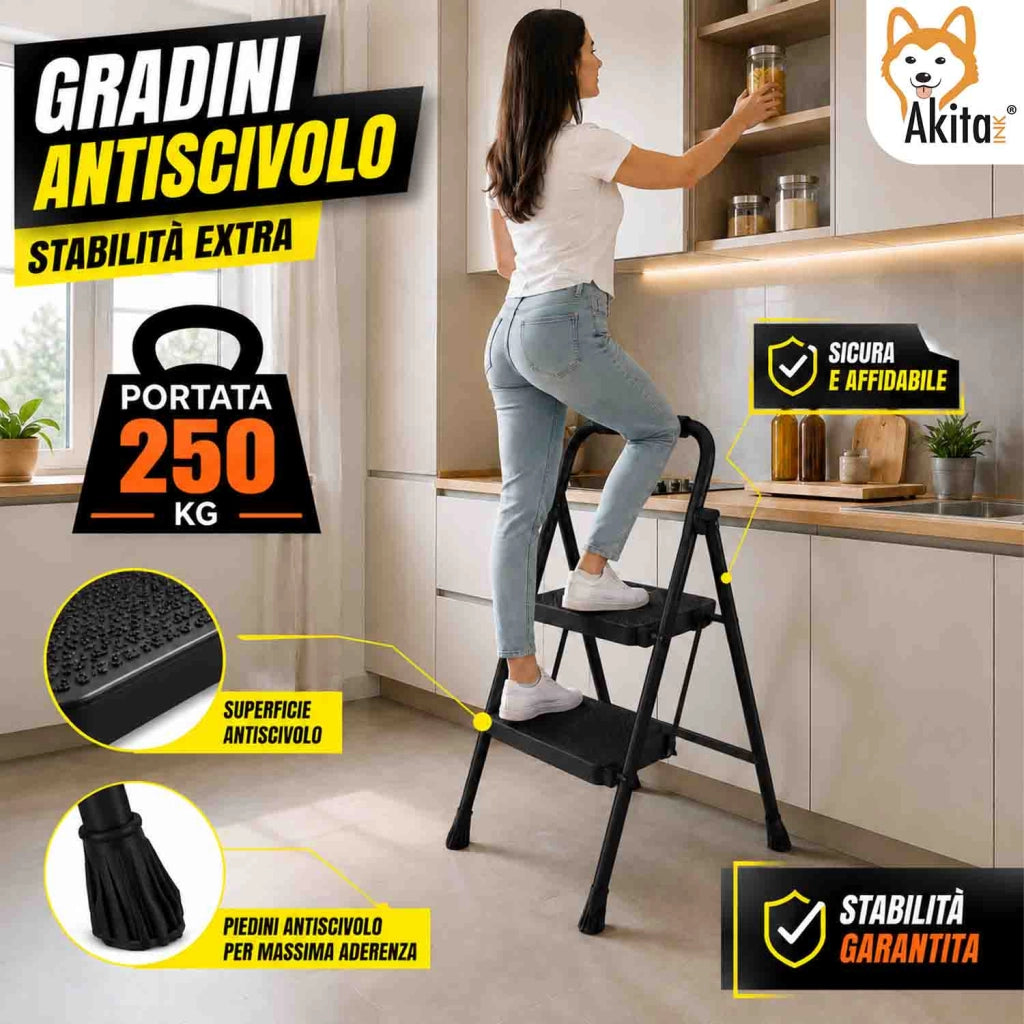Akitaink Scaletta Acciaio 2 Gradini Pieghevole Nera 250 Kg