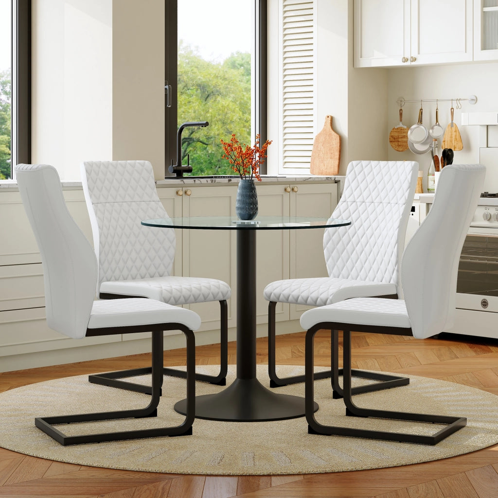 Set tavolo cucina e sedie con 1 tavolo rotondo e 4 sedie in vetro; metallo e PU bianco; nero e trasparente