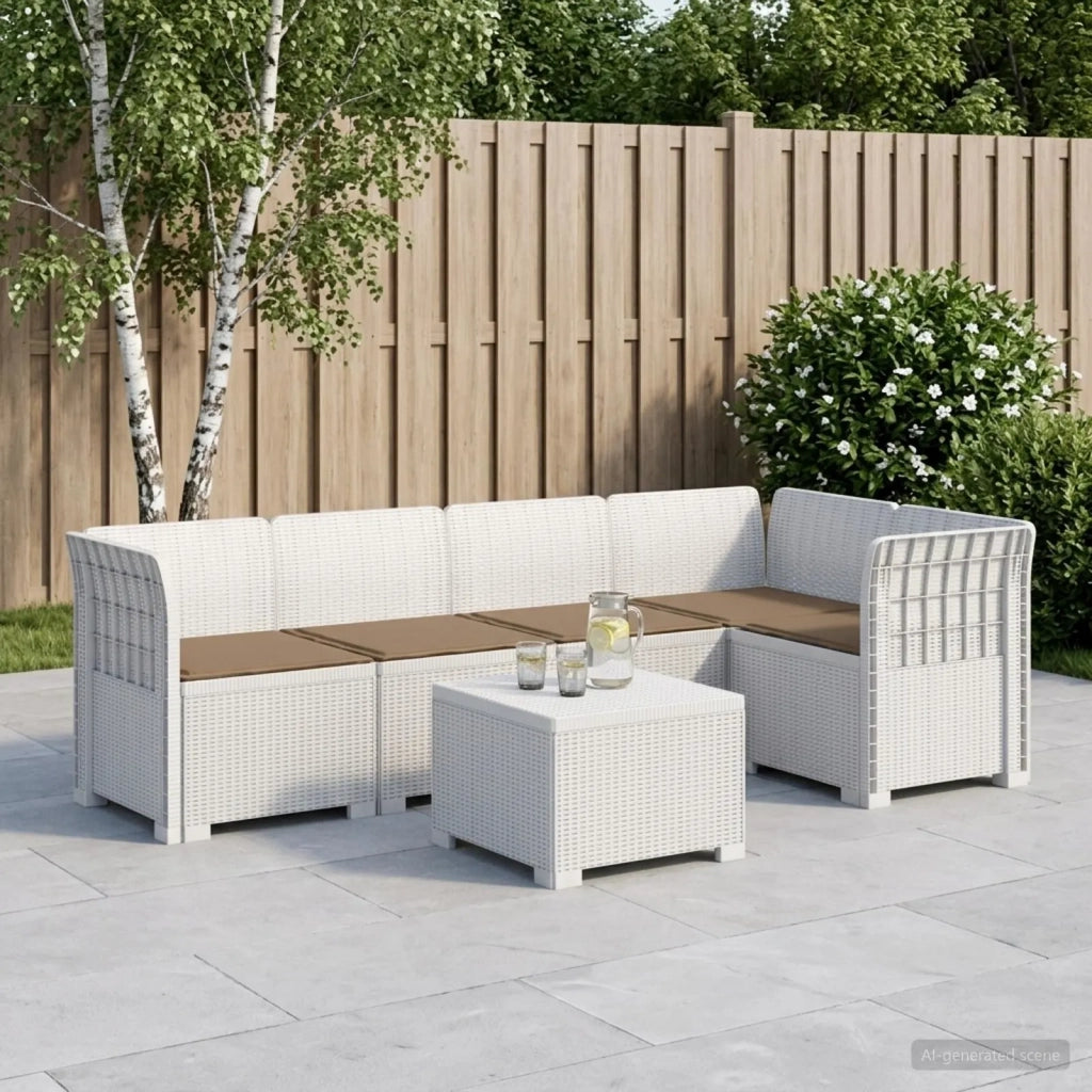 Divano da Giardino 5 Posti con Cuscini Stile Rattan PP Bianco 3444080