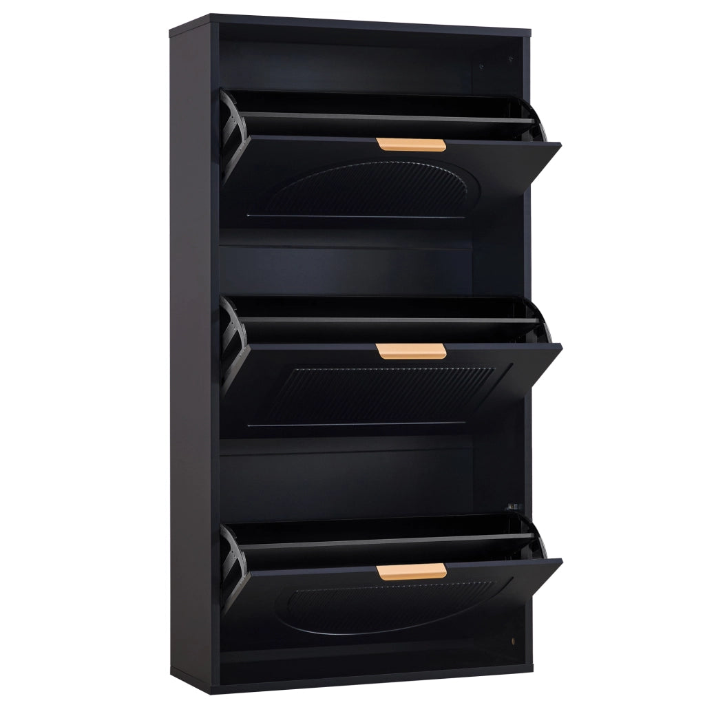 Scarpiera salvaspazio con 3 ribalte in MDF e truciolare nera per ingresso e piccoli ambienti 60 × 24 × 114 cm