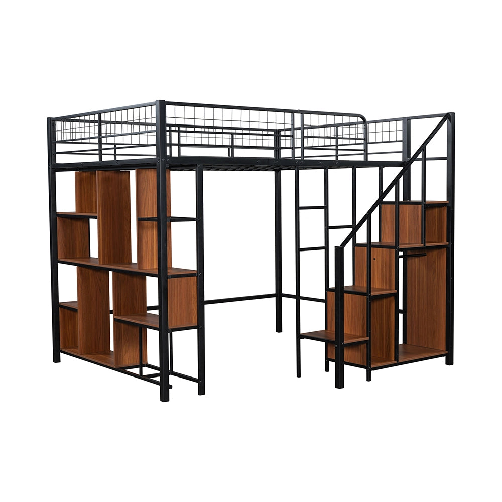 Letto a soppalco multifunzionale - Xylo - 140x200 cm - Nero - Con spazio di archiviazione e scala